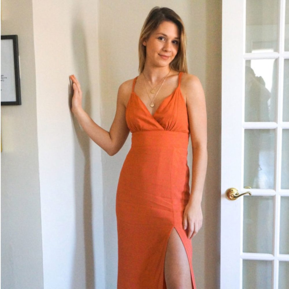 Linen Like Leg Slit Midi Dress